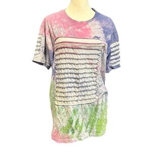 SWITCH Remakable UNISEX Tie Dye Ripped Tee Shirt Zipper Across Front Cotton XL